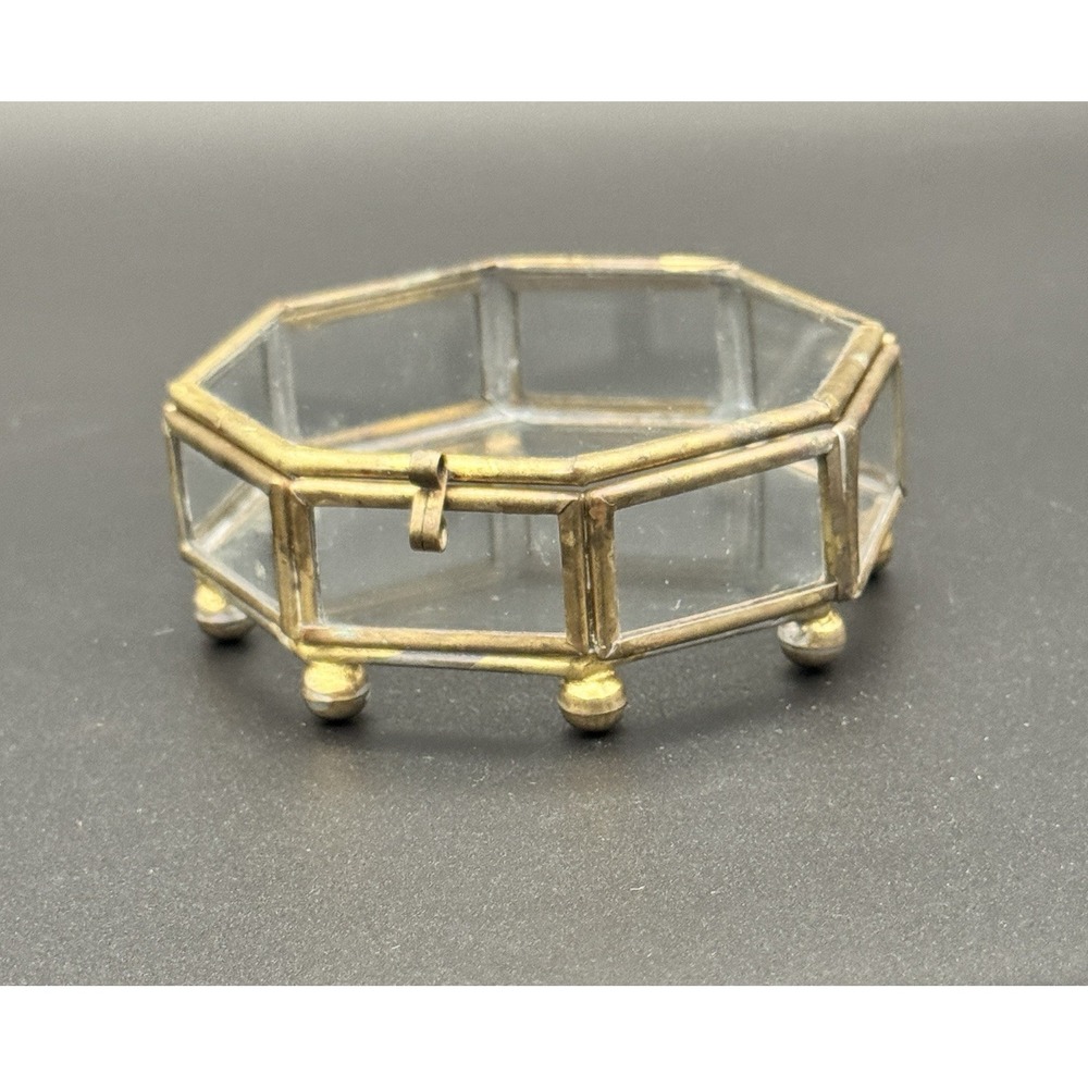Vintage Brass & Glass Octagon Trinket Box Casket Jewelry Box Hinged Lid 3.5"